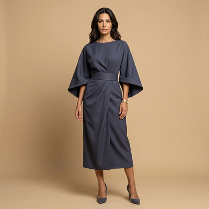 Vestido Midi Mujer Manga Kimono Cinturón Abertura