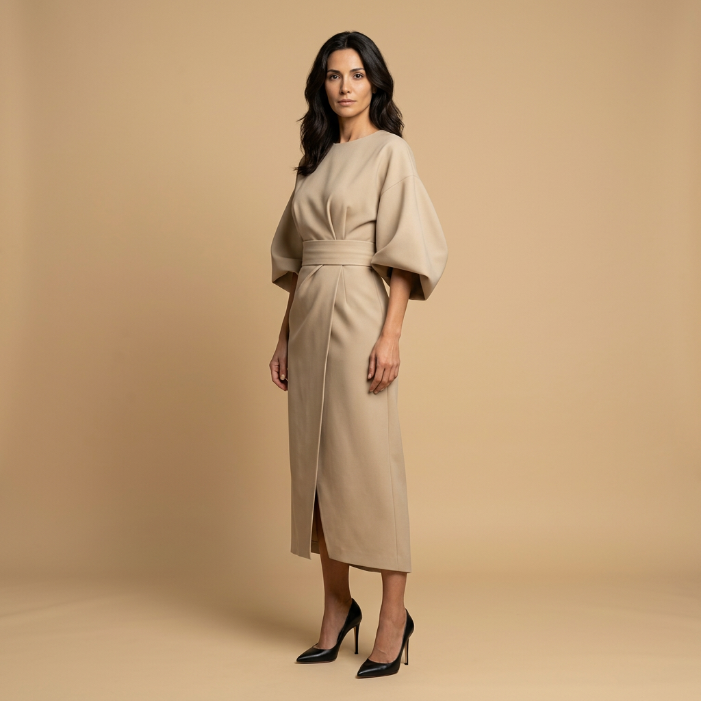 Vestido Midi Mujer Manga Kimono Cinturón Abertura