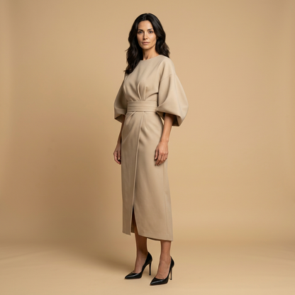Vestido Midi Mujer Manga Kimono Cinturón Abertura