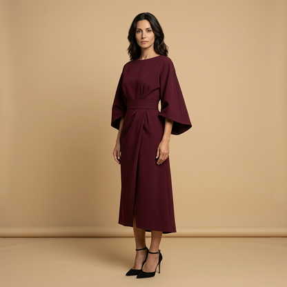 Vestido Midi Mujer Manga Kimono Cinturón Abertura