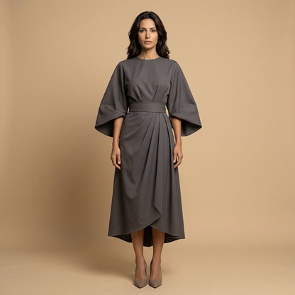 Vestido Midi Mujer Manga Kimono Cinturón Abertura