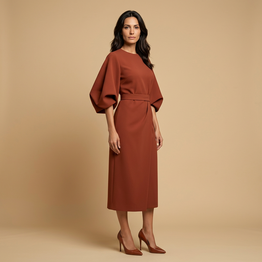 Vestido Midi Mujer Manga Kimono Cinturón Abertura