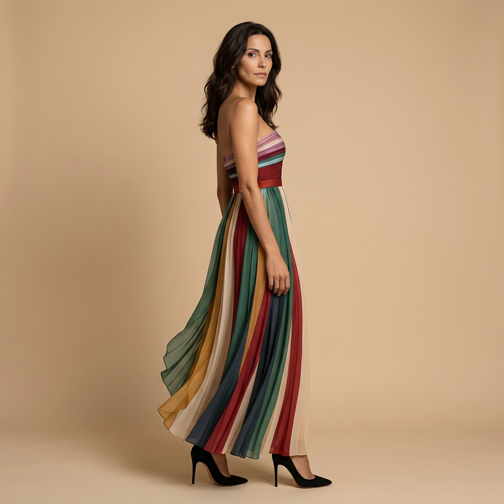 Vestido Largo Mujer Sin Tirantes Plisado Ajustado