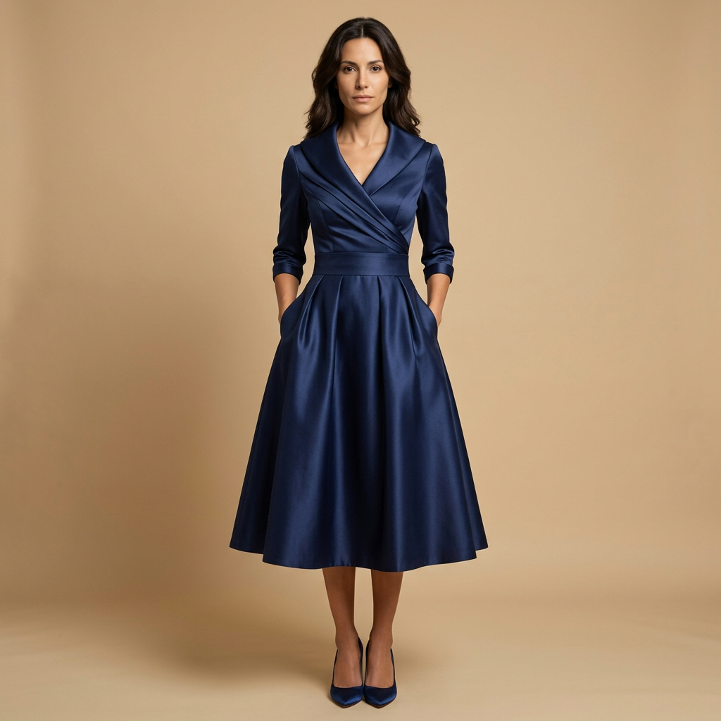 Vestido Midi Mujer Satén Cruzado Evasé con Bolsillos - Mavetta