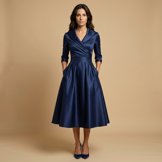 Vestido Midi Mujer Satén Cruzado Evasé con Bolsillos - Mavetta