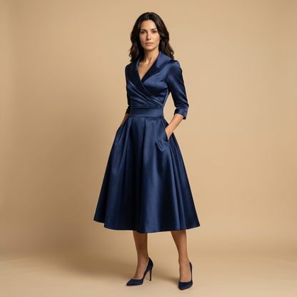 Vestido Midi Mujer Satén Cruzado Evasé con Bolsillos
