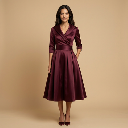 Vestido Midi Mujer Satén Cruzado Evasé con Bolsillos