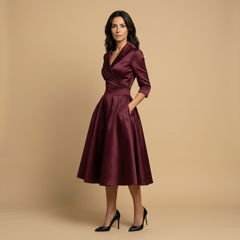 Vestido Midi Mujer Satén Cruzado Evasé con Bolsillos