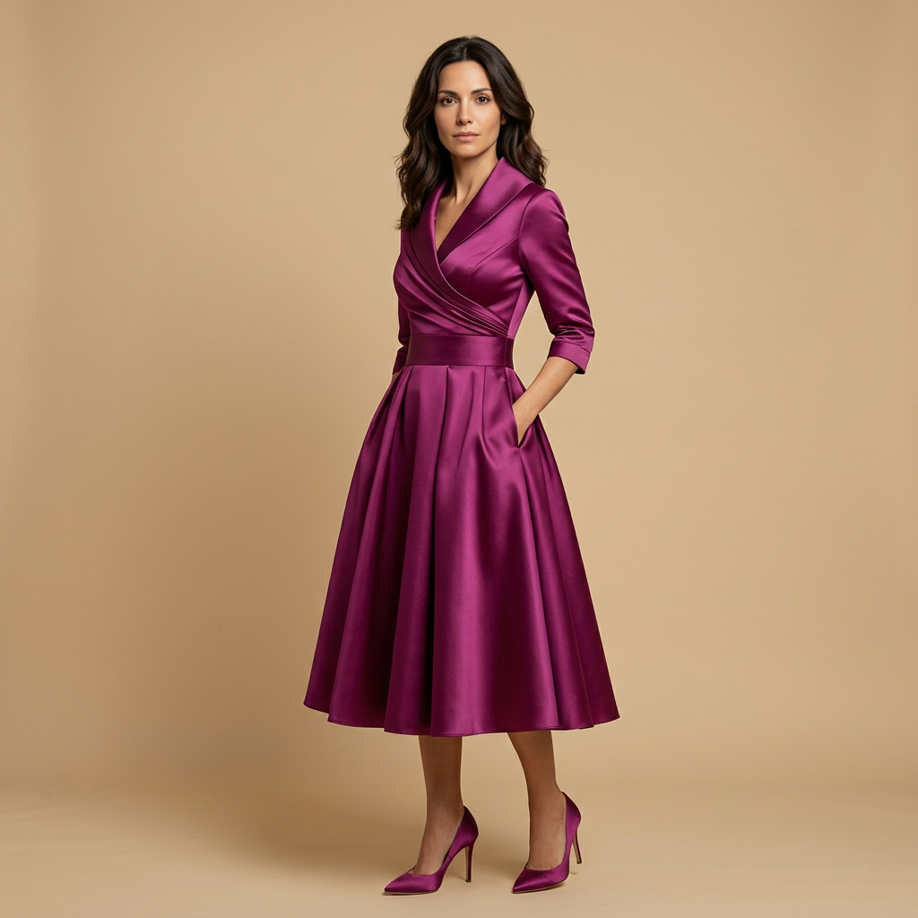 Vestido Midi Mujer Satén Cruzado Evasé con Bolsillos