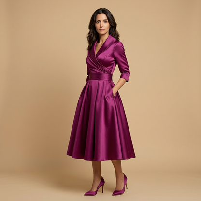 Vestido Midi Mujer Satén Cruzado Evasé con Bolsillos