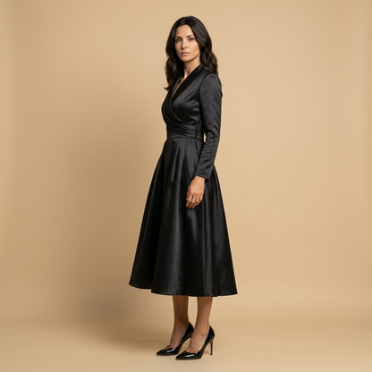 Vestido Midi Mujer Satén Cruzado Evasé con Bolsillos