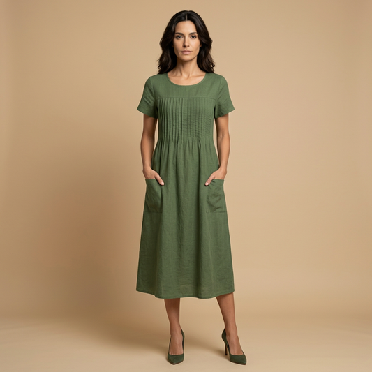 Vestido midi Mujer de lino con pintucks y bolsillos manga corta - Mavetta