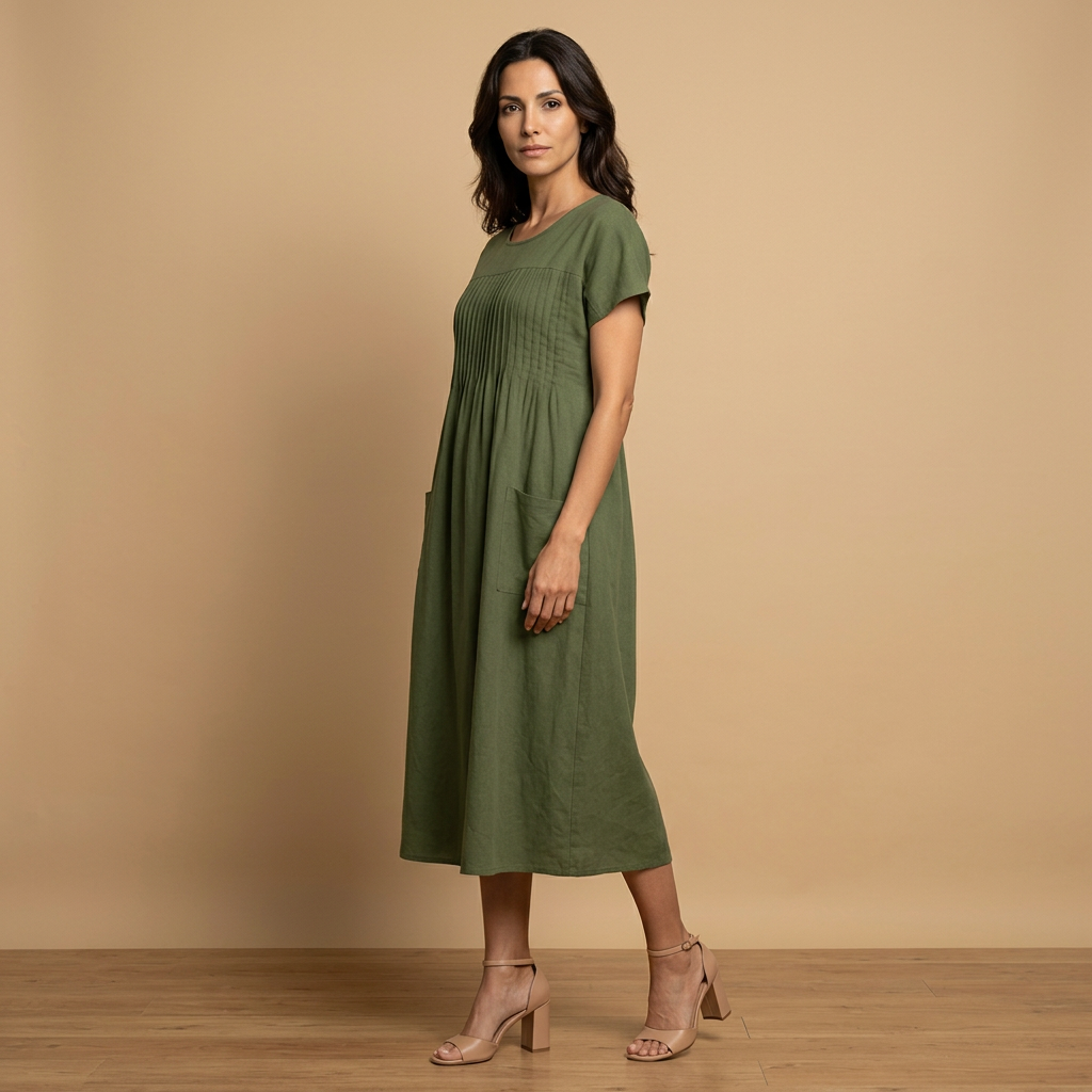 Vestido midi Mujer de lino con pintucks y bolsillos manga corta