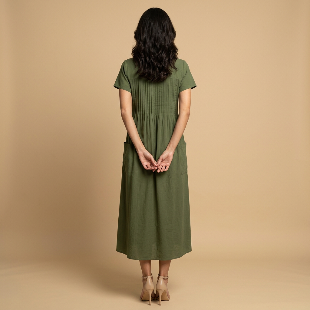 Vestido midi Mujer de lino con pintucks y bolsillos manga corta