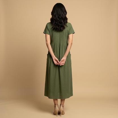 Vestido midi Mujer de lino con pintucks y bolsillos manga corta