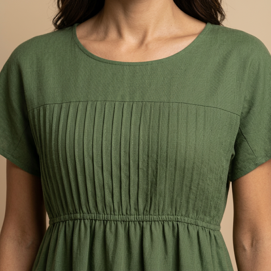 Vestido midi Mujer de lino con pintucks y bolsillos manga corta