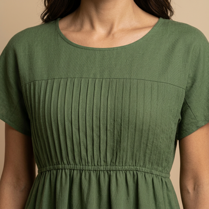 Vestido midi Mujer de lino con pintucks y bolsillos manga corta