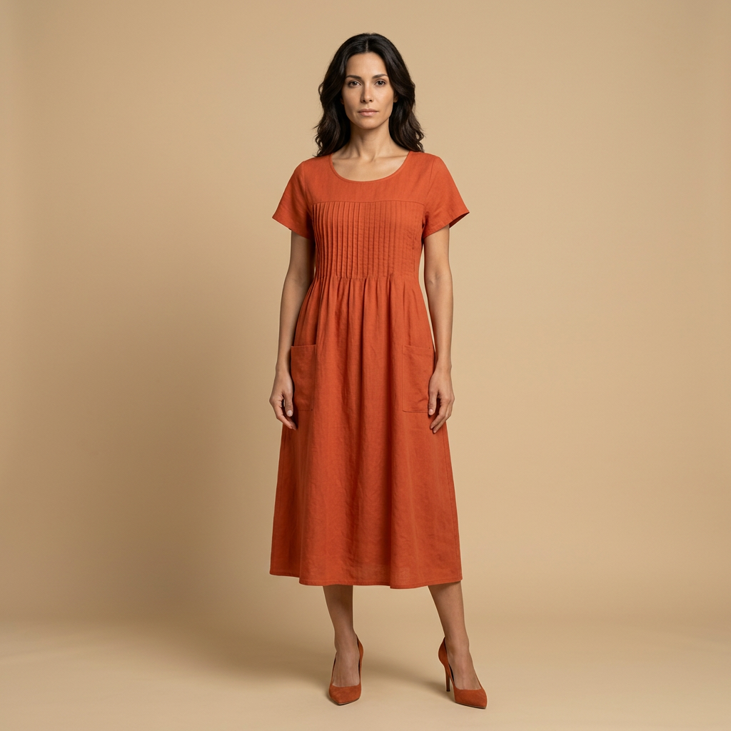 Vestido midi Mujer de lino con pintucks y bolsillos manga corta