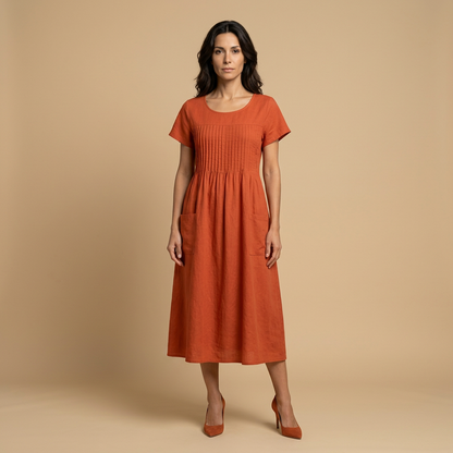 Vestido midi Mujer de lino con pintucks y bolsillos manga corta