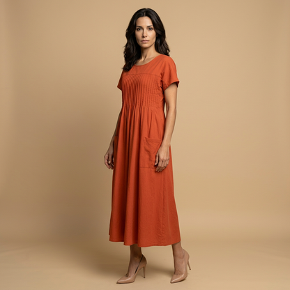 Vestido midi Mujer de lino con pintucks y bolsillos manga corta