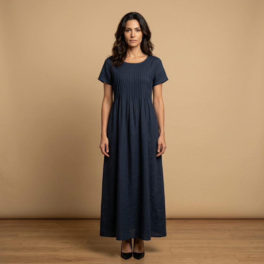Vestido midi Mujer de lino con pintucks y bolsillos manga corta