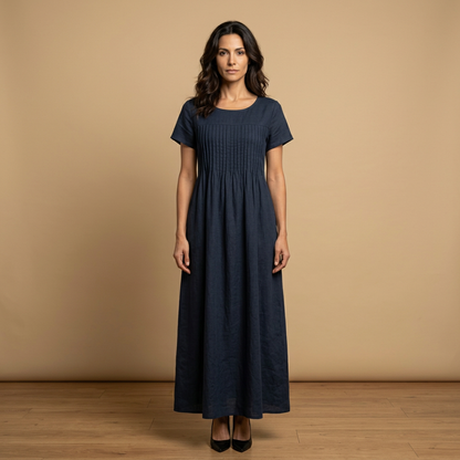 Vestido midi Mujer de lino con pintucks y bolsillos manga corta