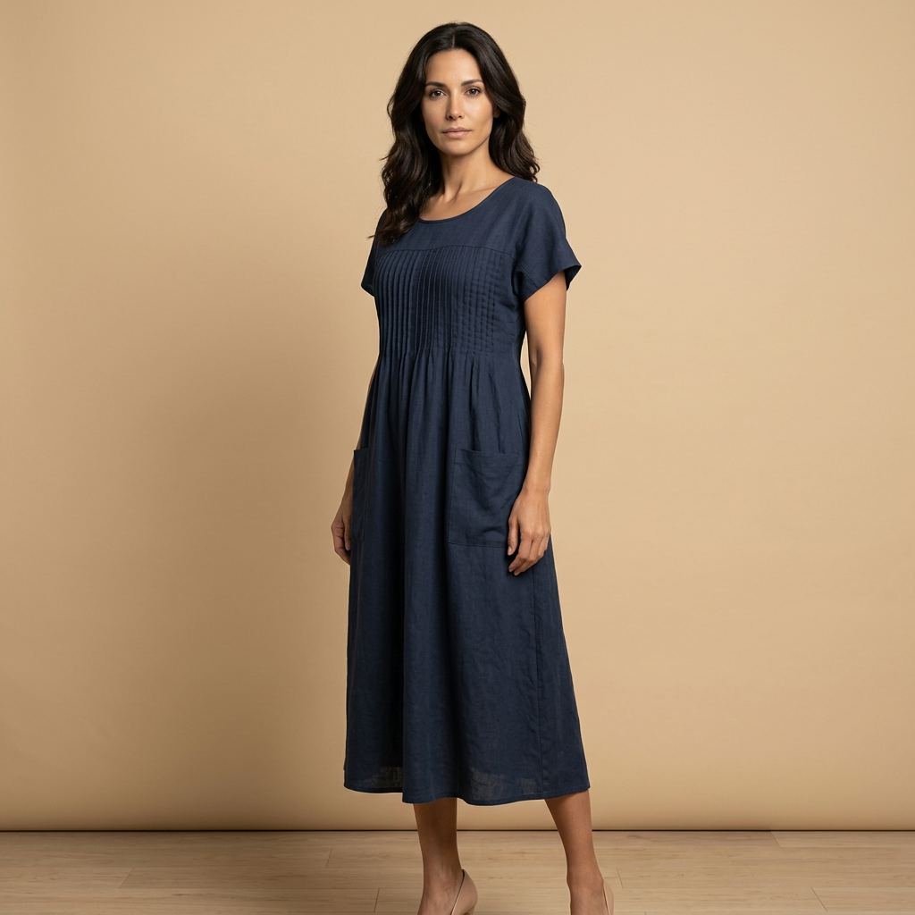 Vestido midi Mujer de lino con pintucks y bolsillos manga corta
