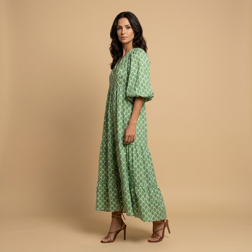 Vestido Midi Mujer Estampado Geométrico Manga Globo