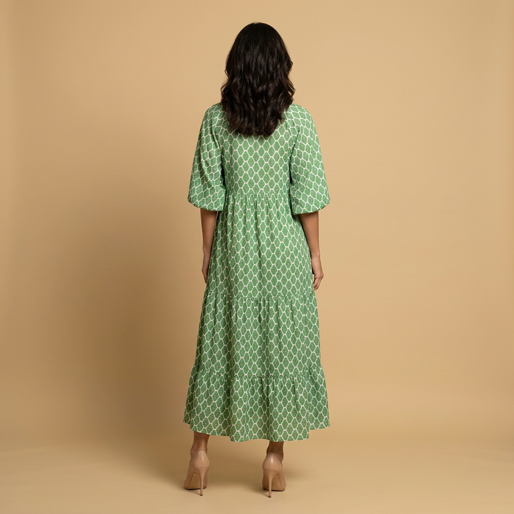 Vestido Midi Mujer Estampado Geométrico Manga Globo