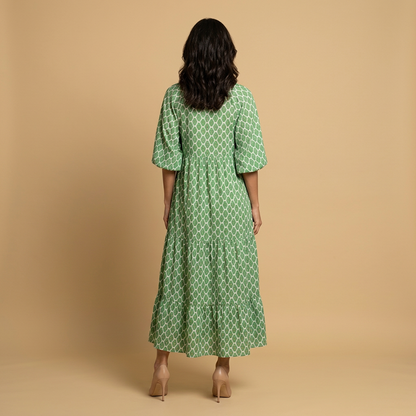 Vestido Midi Mujer Estampado Geométrico Manga Globo