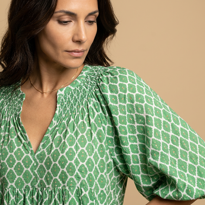Vestido Midi Mujer Estampado Geométrico Manga Globo