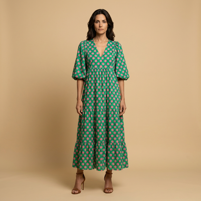 Vestido Midi Mujer Estampado Geométrico Manga Globo