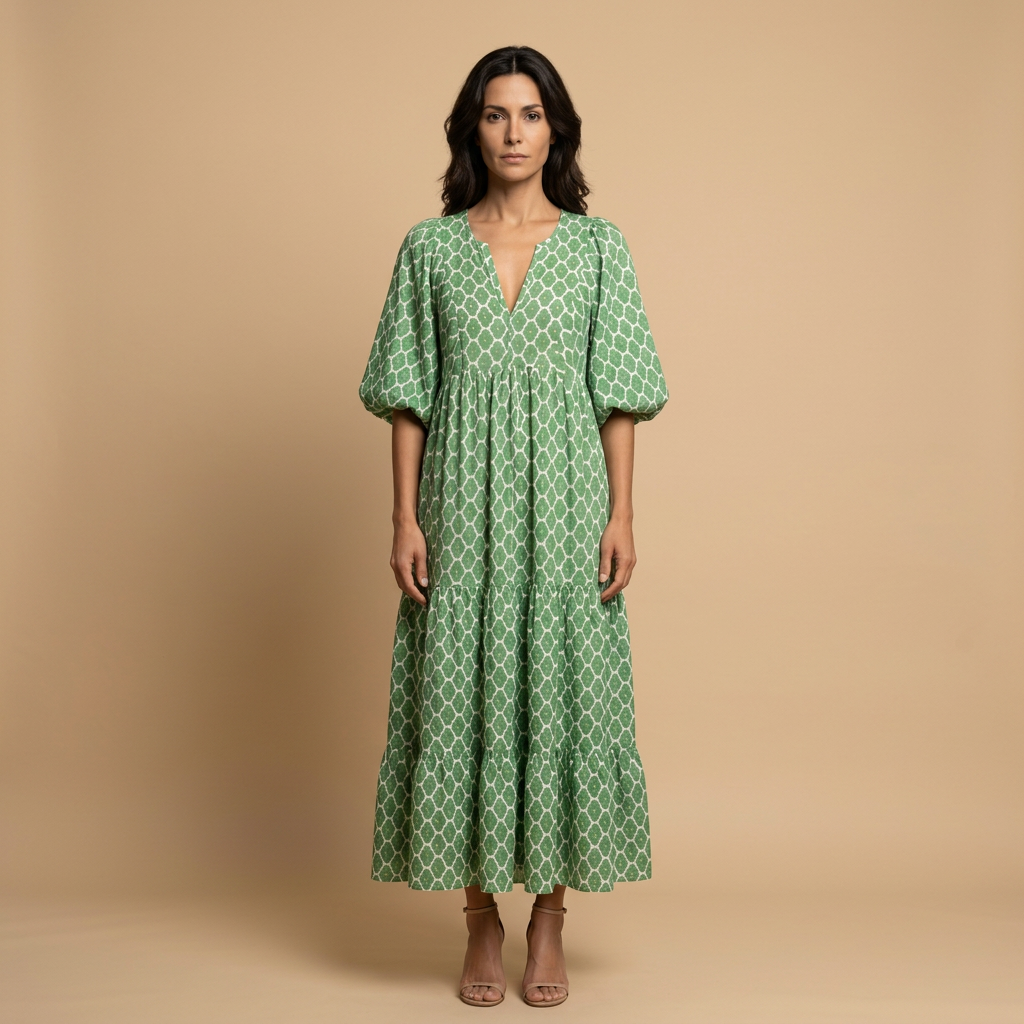 Vestido Midi Mujer Estampado Geométrico Manga Globo - Mavetta