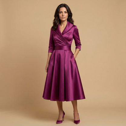 Vestido Midi Mujer Satén Cruzado Evasé con Bolsillos