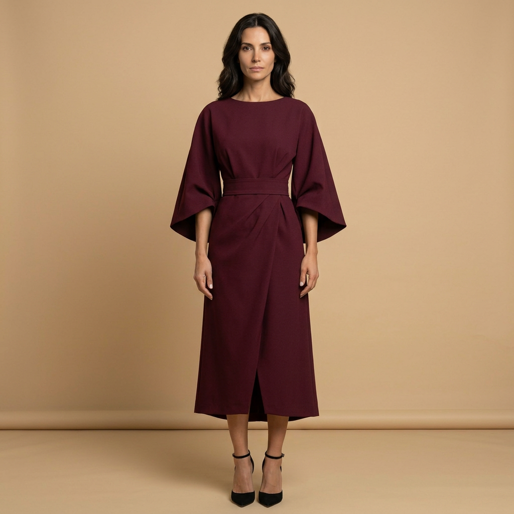 Vestido Midi Mujer Manga Kimono Cinturón Abertura