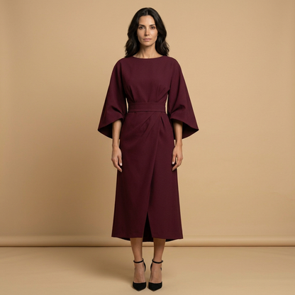 Vestido Midi Mujer Manga Kimono Cinturón Abertura