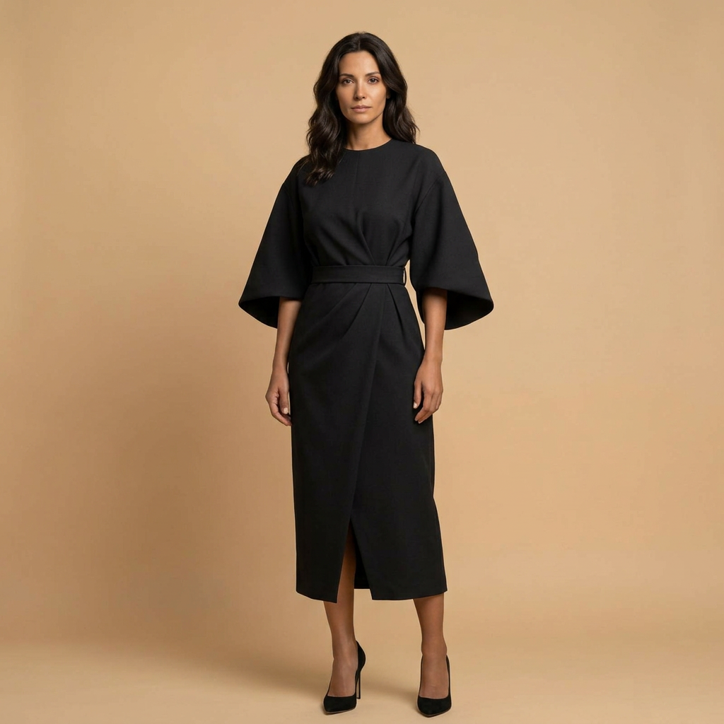 Vestido Midi Mujer Manga Kimono Cinturón Abertura - Mavetta