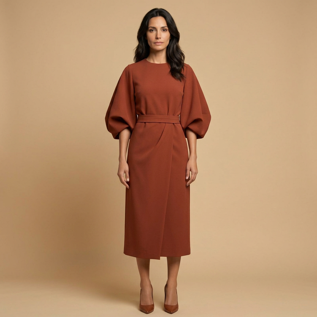 Vestido Midi Mujer Manga Kimono Cinturón Abertura