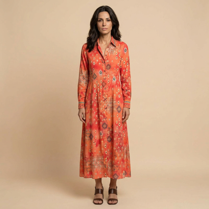 Vestido Largo Mujer de Tela Floral y Pintucks Manga Larga