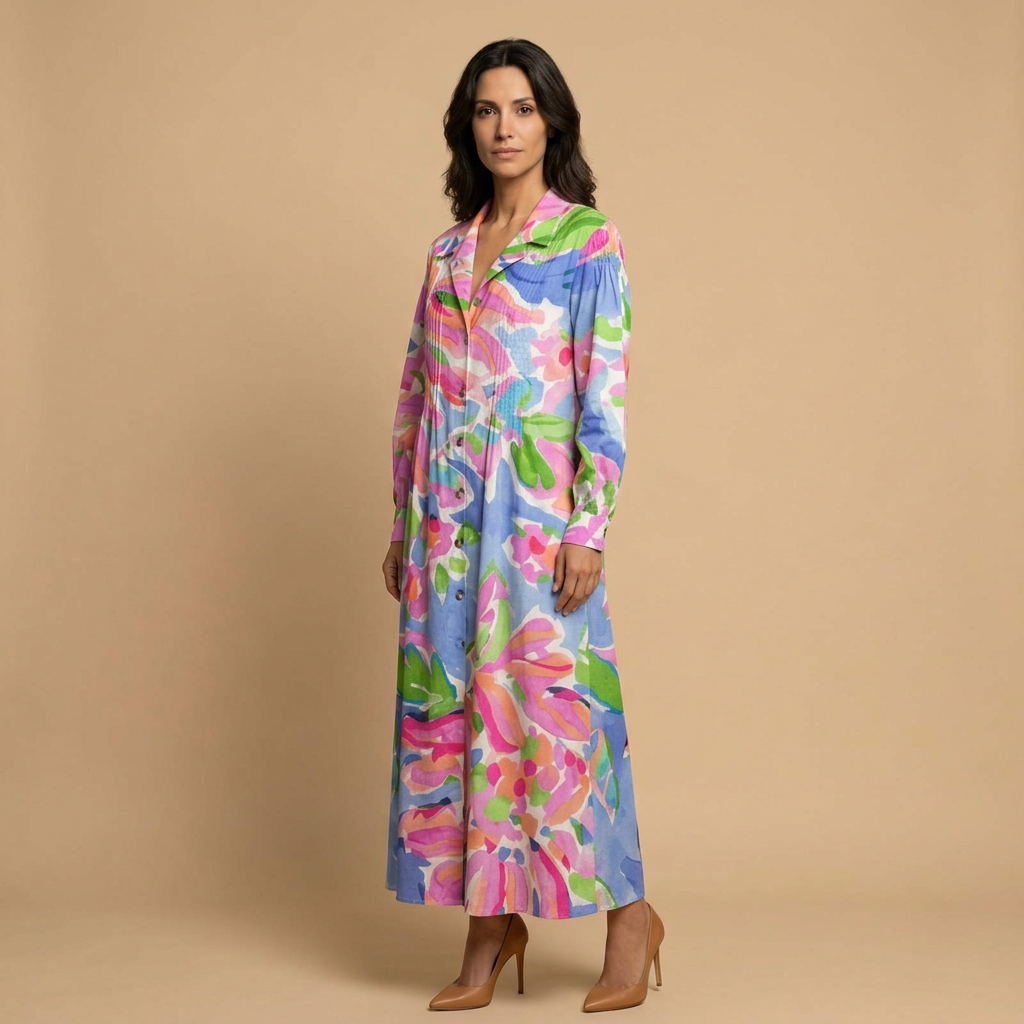 Vestido Largo Mujer de Tela Floral y Pintucks Manga Larga
