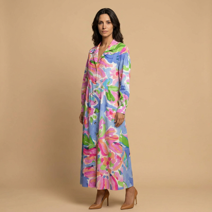 Vestido Largo Mujer de Tela Floral y Pintucks Manga Larga