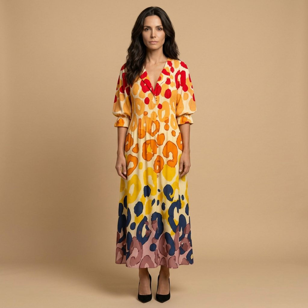Vestido Largo Mujer de Tela Floral y Pintucks Manga Larga