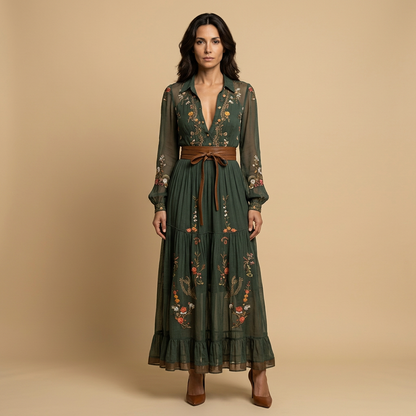 Vestido Largo Mujer Bordado Boho Manga Globo - Mavetta