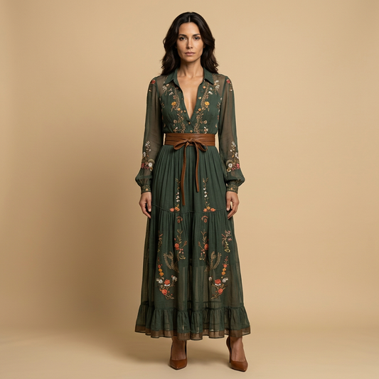 Vestido Largo Mujer Bordado Boho Manga Globo - Mavetta