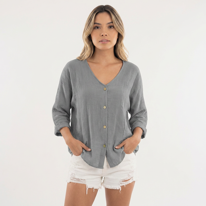 Blusa Mujer Fluida Botones Manga Larga