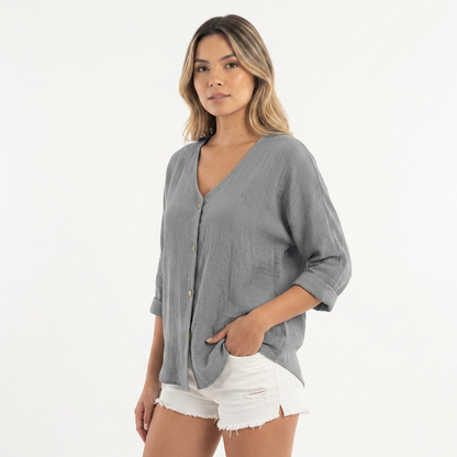 Blusa Mujer Fluida Botones Manga Larga