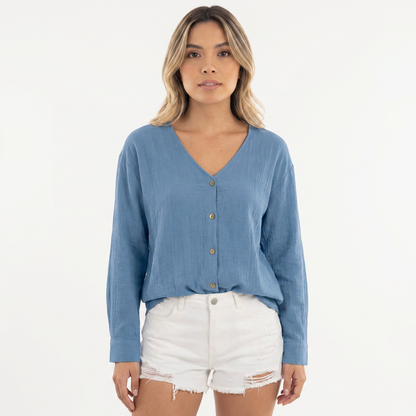 Blusa Mujer Fluida Botones Manga Larga