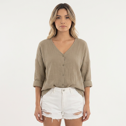Blusa Mujer Fluida Botones Manga Larga