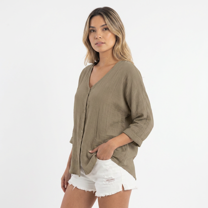 Blusa Mujer Fluida Botones Manga Larga
