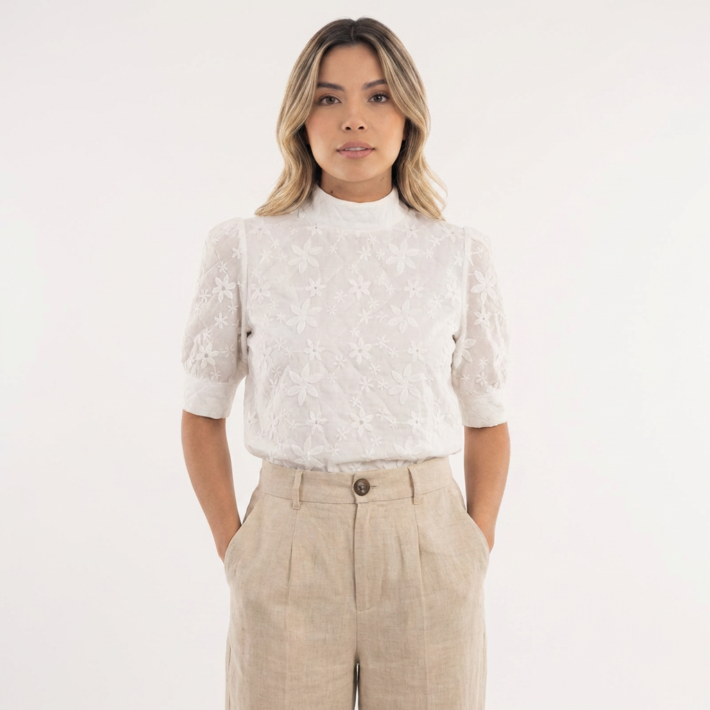 Blusa Mujer de Tela Floral Cuello Alto Ajustado - Mavetta